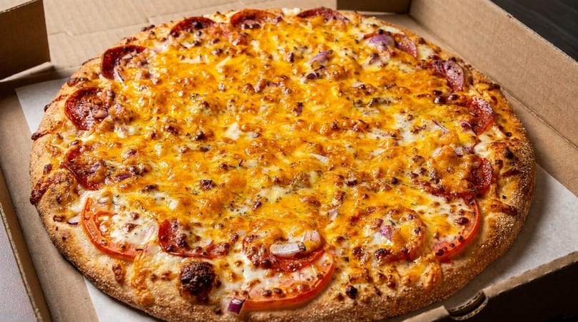A freshly baked pizza with pepperoni, tomatoes, red onions, and melted cheese in a cardboard box.