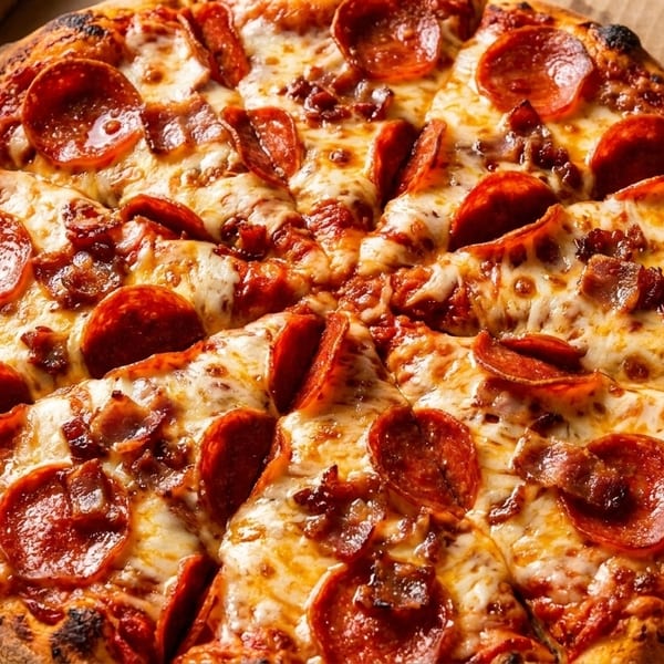 A freshly baked pepperoni and bacon pizza, sliced and ready to eat in a cardboard delivery box.
