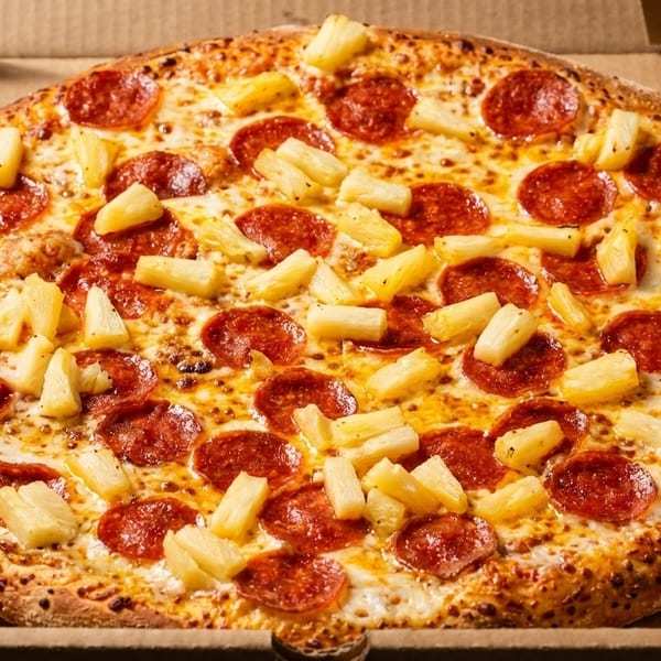 A whole pepperoni and pineapple pizza in a cardboard delivery box.
