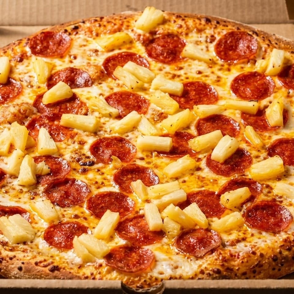 A whole pepperoni and pineapple pizza in a cardboard delivery box.