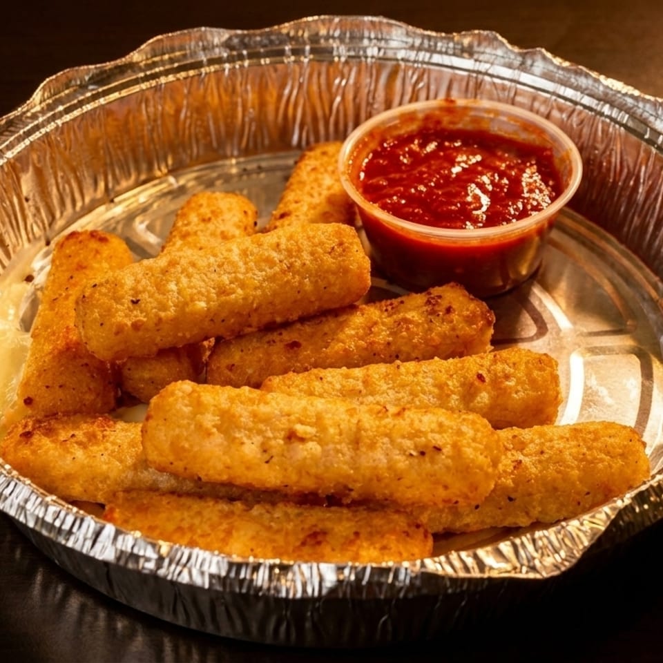 Golden-brown mozzarella sticks with marinara sauce in a foil container on a dark surface.