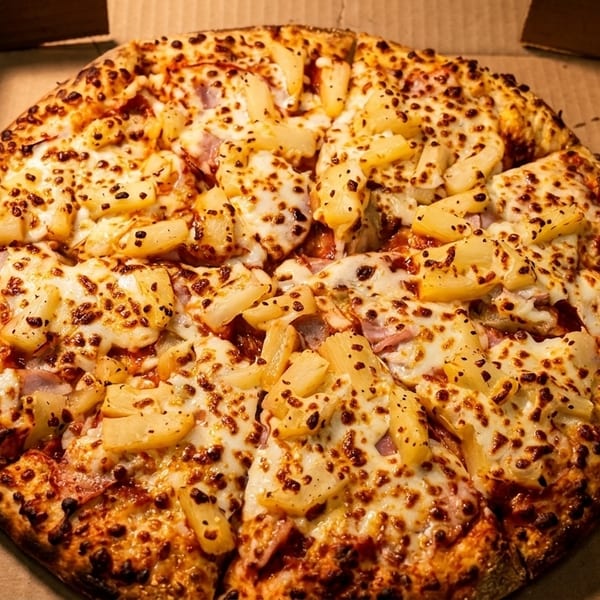 A Hawaiian pizza with pineapple and ham sits in a cardboard delivery box.
