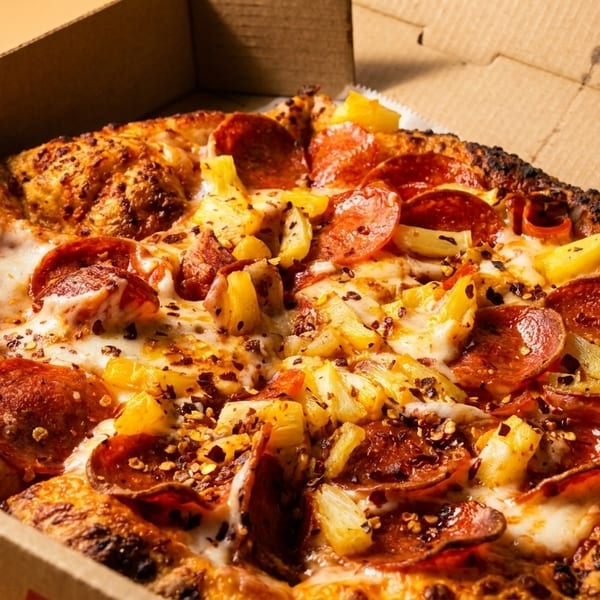 A close-up of a pepperoni and pineapple pizza with red pepper flakes in a cardboard delivery box.