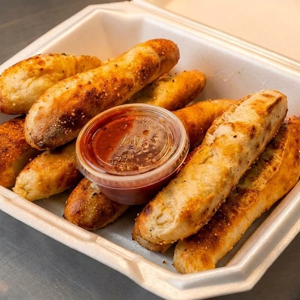 Golden-brown breadsticks with seasoning and a side of marinara sauce in a white takeout container.