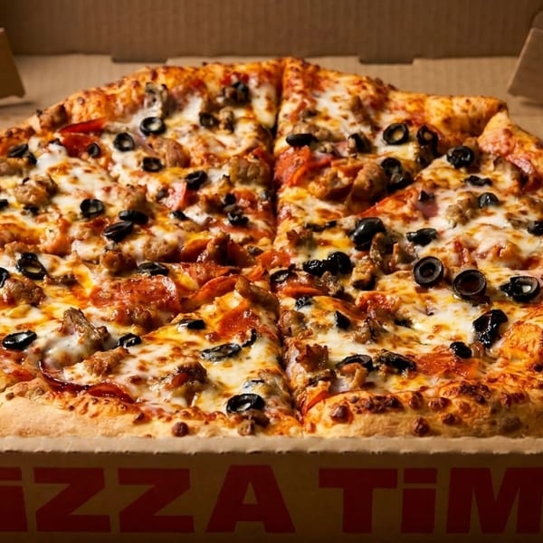 A freshly baked pizza with pepperoni, sausage, and black olives in a "Pizza Time" box.