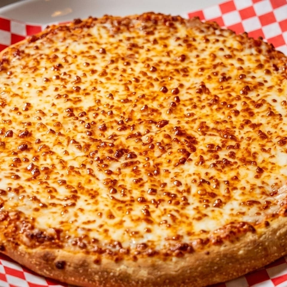 A freshly baked cheese pizza with a golden crust sits on red and white checkered paper.