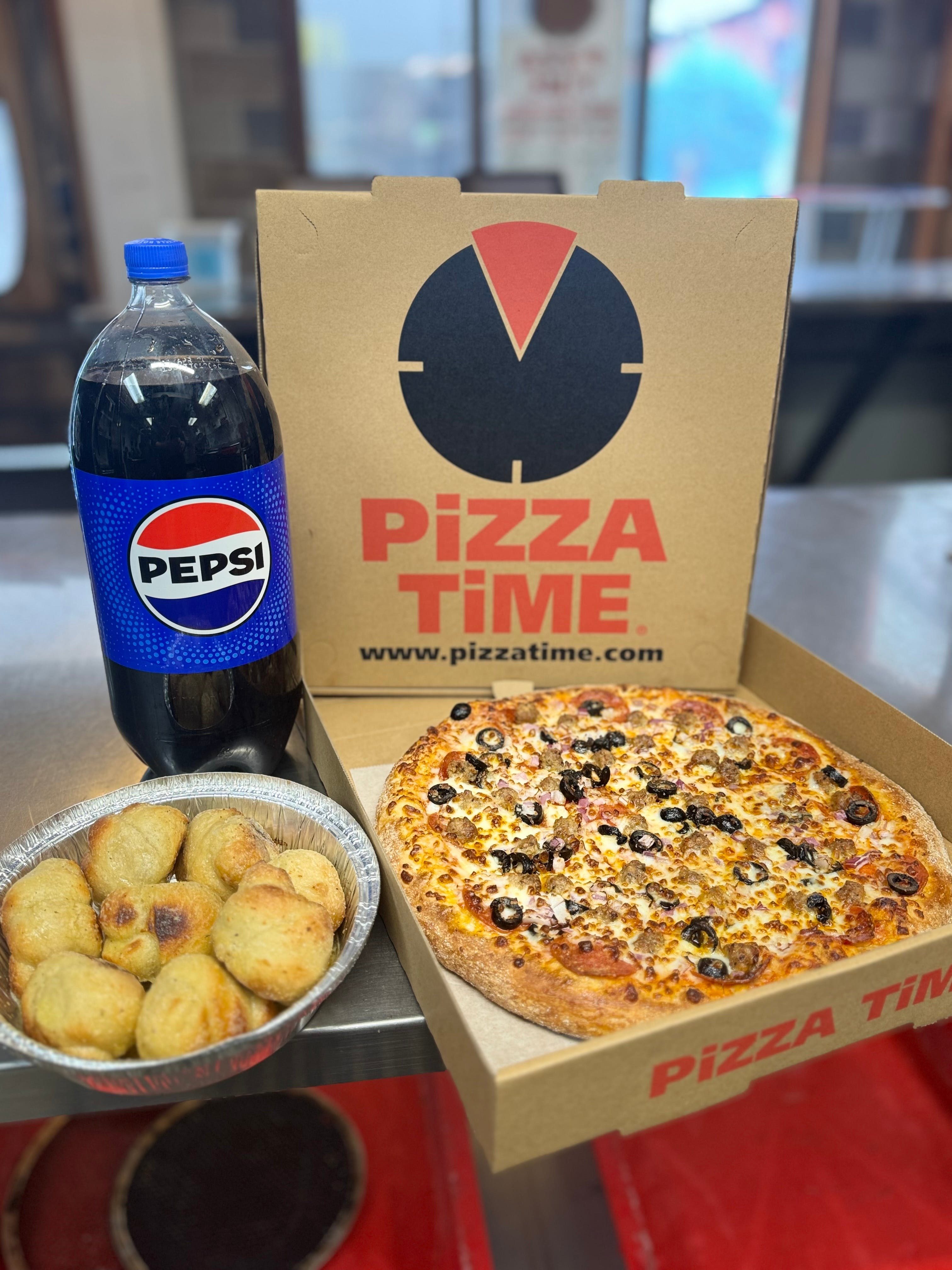 Large Two Topping Pizza, 5 Garlic Knots & 2 Liter Soda.